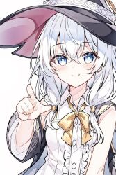Rule 34 | 1girl, blue eyes, elaina (majo no tabitabi), hat, index finger raised, majo no tabitabi, pointing, pointing at viewer, smile, solo, white hair, witch hat