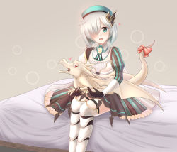 Rule 34 | 1girl, :d, animal, animal on lap, aqua eyes, aqua hat, armor, bad id, bad pixiv id, black gloves, bow, brown skirt, detached collar, full body, gloves, greaves, grey background, hair ornament, hair over one eye, hat, heart, highres, looking at viewer, on bed, on lap, open mouth, red bow, red eyes, sennen sensou aigis, simple background, sitting, skirt, smile, solo, striped clothes, striped skirt, striped sleeves, tail, tail bow, tail ornament, ten (tentojidon), tifa (sennen sensou aigis), white hair, white legwear