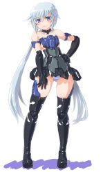 Rule 34 | &gt;:&lt;, 10s, 1girl, :&lt;, bad id, bad pixiv id, bare shoulders, black gloves, black thighhighs, blue eyes, blue hair, closed mouth, dd (ijigendd), detached collar, doll joints, elbow gloves, frame arms girl, full body, gloves, highres, joints, long hair, looking at viewer, mecha musume, panties, shiny clothes, shiny skin, simple background, skirt, solo, standing, striped clothes, striped panties, stylet, thighhighs, triangle mouth, twintails, underwear, v-shaped eyebrows, very long hair, white background