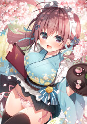 Rule 34 | 1girl, :d, black skirt, black thighhighs, blue kimono, bow, bow panties, breasts, brown hair, commentary request, floating hair, floral print, frilled panties, frills, hair between eyes, hanamiya natsuka, holding, holding tray, japanese clothes, kimono, large breasts, long hair, long sleeves, maid, maid headdress, menu, obi, open mouth, original, panties, pink panties, pleated skirt, print kimono, purple eyes, sash, side-tie panties, skirt, smile, solo, thighhighs, tray, twintails, underwear, very long hair, wa maid, wide sleeves