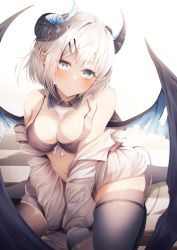 Rule 34 | 1girl, absurdres, arms between legs, black horns, black wings, blue bow, blue eyes, blue horns, blue wings, blush, bow, checkered floor, curled horns, demon girl, demon horns, demon tail, demon wings, evaiyu, grey hair, grey thighhighs, hair ornament, hairclip, highres, horns, light blue eyes, multicolored horns, multicolored wings, navel, parted lips, pointy ears, sitting, skindentation, solo, tail, tail wrap, thighhighs, torn, torn wings, two-tone wings, wariza, wings