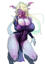 Rule 34 | 1girl, absurdres, bad id, bad pixiv id, bare shoulders, blonde hair, blue eyes, blue hair, breasts, cleavage, covered navel, detached sleeves, dress, covered erect nipples, hair over one eye, highres, horns, large breasts, long hair, looking at viewer, monster girl, open mouth, original, pointy ears, purple dress, simple background, solo, tail, teeth, tongue, tongue out, white background, wwwazxc
