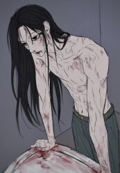 Rule 34 | 1boy, bare shoulders, black eyes, black hair, blood, blood on face, bruise, cuts, expressionless, highres, hunter x hunter, illumi zoldyck, injury, kann 55, long hair, male focus, navel, sink, solo, topless male