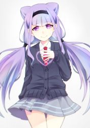 Rule 34 | 10s, 1girl, asuto (rooftop), black hairband, cardigan, closed mouth, cone hair bun, grey background, grey skirt, hair bun, hairband, heart, heart on chest, hugtto! precure, light purple hair, long hair, looking at viewer, low twintails, necktie, precure, purple eyes, red necktie, ruru amour, simple background, skirt, smile, solo, twintails