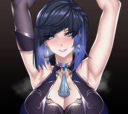 Rule 34 | 1girl, armpits, arms up, bad id, bad pixiv id, bare arms, bare shoulders, black bra, blue hair, blunt bangs, blush, bob cut, bra, breasts, cero rains, cleavage, earrings, genshin impact, green eyes, heavy breathing, jewelry, large breasts, lipstick, looking at viewer, makeup, mole, mole on breast, short hair, sleeveless, smile, solo, steaming body, sweat, underwear, upper body, yelan (genshin impact)