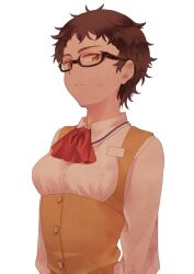 Rule 34 | 1girl, arms behind back, brown hair, collared shirt, commentary request, expressionless, glasses, highres, jyouwan, looking at viewer, meguro miyuki, neck ribbon, orange eyes, red ribbon, ribbon, sayonara wo oshiete, school uniform, shirt, short hair, simple background, solo, upper body, vest, white background, white shirt