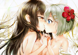 Rule 34 | 10s, 2girls, asymmetrical docking, bare arms, bare shoulders, blue eyes, blunt bangs, blush, breast press, breasts, brown hair, cleavage, collarbone, commentary request, couple, dan evan, eye contact, female focus, flower, grey hair, hair between eyes, hair flower, hair ornament, hair ribbon, hairclip, half-closed eyes, hamakaze (kancolle), holding hands, interlocked fingers, isokaze (kancolle), kantai collection, kiss, large breasts, lily (flower), long hair, looking at another, medium breasts, multiple girls, neck, nude, orange eyes, red flower, red ribbon, ribbon, short hair, surprised, translation request, tress ribbon, upper body, white flower, yuri