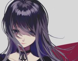 Rule 34 | 1girl, black choker, black ribbon, choker, closed mouth, grey background, highres, long hair, looking at viewer, neck ribbon, original, p2 (uxjzz), portrait, purple eyes, purple hair, ribbon, ribbon choker, simple background, solo