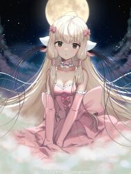 Rule 34 | 1girl, artist name, blonde hair, blunt bangs, bow, breasts, brown eyes, chii, chobits, cleavage, dress, elbow gloves, full moon, gloves, hair bow, highres, long hair, looking at viewer, medium breasts, moon, neck garter, night, night sky, parted lips, pink bow, pink dress, pink gloves, sidelocks, sky, sleeveless, sleeveless dress, solo, star (sky), starry sky, very long hair, vickie (cryingrobot)