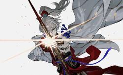 Rule 34 | 1boy, aiming, aiming at viewer, archer (fate/samurai remnant), archery, bow (weapon), brown eyes, chinese clothes, closed mouth, fate/samurai remnant, fate (series), grey hair, hair ornament, hair stick, highres, long hair, looking at viewer, male focus, ponytail, simple background, smile, solo, teak (youmu), weapon, white background