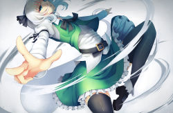 Rule 34 | 1girl, belt, black thighhighs, blue eyes, bow, hairband, konpaku youmu, ling (vivianling), looking at viewer, mary janes, shoes, short hair, skirt, solo, thighhighs, touhou, white hair