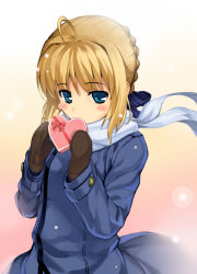 Rule 34 | 1girl, ahoge, alternate costume, artoria pendragon (all), artoria pendragon (fate), blonde hair, blue eyes, blue scarf, blush stickers, coat, fate/stay night, fate/zero, fate (series), gradient background, hair ribbon, heart, looking at viewer, mittens, namonashi, ribbon, rubbish selecting squad, saber (fate), scarf, simple background, snow, snowing, solo, upper body, valentine
