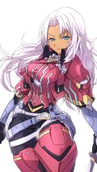 Rule 34 | 1girl, armor, blue eyes, bodysuit, boots, breasts, dark-skinned female, dark skin, elma (xenoblade x), female focus, gloves, hair ornament, highres, long hair, looking at viewer, medium breasts, nintendo, simple background, smile, solo, tavn, thigh boots, thighhighs, weapon, white hair, xenoblade chronicles (series), xenoblade chronicles 2, xenoblade chronicles x