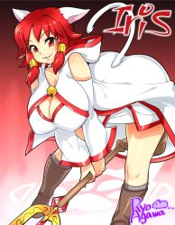 Rule 34 | 1girl, agawa ryou, animal ears, artist name, bare shoulders, bent over, boots, breasts, cat ears, cat girl, cat tail, cleavage, detached sleeves, dress, female focus, hanging breasts, hood, huge breasts, red eyes, red hair, skirt, solo, staff, standing, tail
