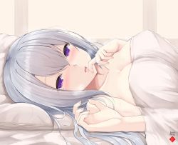 Rule 34 | 1girl, bad id, bad twitter id, bed, bed sheet, blush, breasts, cleavage, dated, finger to mouth, hair between eyes, hair down, highres, higuchi kaede, indoors, large breasts, long hair, looking at viewer, lying, mole, mole under eye, nail polish, naked sheet, nijisanji, nude, on back, open mouth, parted lips, pillow, pink nails, purple eyes, signature, silver hair, solo, sweat, temari rin, under covers, upper body, virtual youtuber