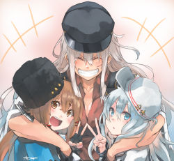 Rule 34 | 3girls, ^^^, bad id, bad twitter id, black bow, black gloves, black headwear, black sailor collar, blue eyes, blue shawl, bow, brown eyes, brown hair, closed eyes, commentary request, facial scar, fingerless gloves, flat cap, fur hat, gangut (kancolle), gloves, grey hair, grin, hair bow, hammer and sickle, hat, hibiki (kancolle), highres, hug, jacket, jacket on shoulders, kantai collection, long hair, looking at viewer, low twintails, multiple girls, papakha, peaked cap, red shirt, sailor collar, scar, scar on cheek, scar on face, school uniform, serafuku, shawl, shirt, short sleeves, signature, smile, sunday aki, tashkent (kancolle), twintails, upper body, v, verniy (kancolle)