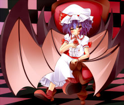 Rule 34 | 1girl, ascot, bad id, bad pixiv id, bat wings, blue hair, blush, chair, daidai ookami, female focus, glasses, hat, hat ribbon, highres, large wings, one eye closed, puffy sleeves, red eyes, remilia scarlet, ribbon, short hair, short sleeves, sitting, smile, solo, touhou, wings, wink, wrist cuffs