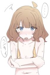Rule 34 | 1girl, :o, absurdres, ahoge, bikini, blue eyes, blush, brown hair, collarbone, commentary request, flat chest, highres, idolmaster, idolmaster million live!, looking at viewer, meeeeeeco359, navel, nose blush, petite, simple background, solo, speech bubble, suou momoko, sweat, swimsuit, translation request, upper body, white background, yellow bikini