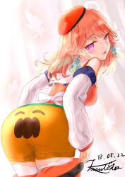 Rule 34 | 1girl, ;p, ass, ass focus, bird, blush, breasts, earrings, feathers, from behind, gradient hair, hat, highres, hololive, hololive english, jewelry, long hair, looking at viewer, looking back, manoaloe0831, multicolored hair, nekko (momosuzu nene), one eye closed, orange hair, phoenix, pink hair, purple eyes, shorts, smile, solo, takanashi kiara, tongue, tongue out, virtual youtuber