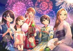Rule 34 | 5girls, :d, :o, :t, aerial fireworks, barefoot, blue kimono, braid, brown hair, brown sash, character request, closed mouth, cotton candy, earrings, eating, enogu, fireworks, floral print, flower, folding fan, food, glint, green eyes, hair flower, hair ornament, hair over one eye, hair ribbon, hairclip, hanabi (akashic chronicle), hand fan, hands up, highres, holding, holding fan, holding food, iwamotochou geinousha, japanese clothes, jewelry, kagawa ichigo, kimono, kinchaku, long hair, long sleeves, looking up, low twintails, medium hair, mole, mole under eye, multiple girls, nail polish, night, night sky, obi, one eye covered, open mouth, outdoors, parted lips, pink nails, pink ribbon, pouch, purple eyes, purple sash, red kimono, ribbon, ring, sash, short hair, sitting, sky, smile, striped clothes, striped kimono, toenail polish, toenails, twintails, virtual youtuber, wide sleeves, yellow eyes, yukata