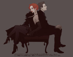 Rule 34 | 1boy, 1girl, animification, avengers (series), back-to-back, black widow, breasts, brown hair, clint barton, dress, elbow gloves, formal, gloves, hawkeye (marvel), high heels, holster, marvel, natasha romanoff, niwatori, pantyhose, red hair, sitting, suit, thigh holster