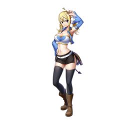 Rule 34 | 1girl, artist request, blonde hair, boots, breasts, brown eyes, cleavage, detached sleeves, fairy tail, full body, hair between eyes, hand on own hip, holding, holding key, key, large breasts, looking at viewer, lucy heartfilia, midriff, miniskirt, navel, official art, skirt, smile, solo, standing, strapless, thighhighs, transparent background, tube top, twintails, valkyrie connect