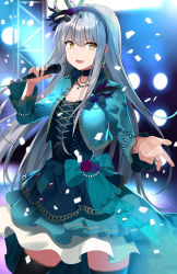 Rule 34 | 1girl, asato (fadeless), bang dream!, bow, choker, dress, earrings, feathers, flower, frills, gem, gothic lolita, hair ribbon, hairband, highres, holding, holding microphone, jacket, jewelry, lolita fashion, lolita hairband, long hair, microphone, minato yukina, necklace, open mouth, pearl (gemstone), ribbon, rose, silver hair, solo, spotlight, stage, thighhighs, yellow eyes, zettai ryouiki