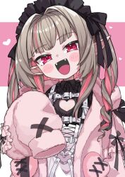 Rule 34 | 1girl, absurdres, agata (yfw1110), blush stickers, brown hair, clothing cutout, demon girl, fangs, flat chest, hair intakes, heart cutout, highres, jacket, makaino ririmu, multicolored hair, nijisanji, open mouth, pink hair, pink jacket, pointy ears, red eyes, sleeves past fingers, sleeves past wrists, solo, streaked hair, virtual youtuber
