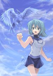 Rule 34 | 1girl, :d, bird, blue feathers, blue hair, blue skirt, blue sky, breasts, brown eyes, character request, cloud, cowboy shot, day, duel academy uniform (yu-gi-oh! gx), duel monster, feathers, floating hair, hair between eyes, hino (mooncalf+t), large breasts, miniskirt, open mouth, outdoors, pleated skirt, school uniform, shirt, short hair, skirt, sky, sleeveless, sleeveless shirt, smile, solo, standing, white shirt, yu-gi-oh!, yu-gi-oh! gx
