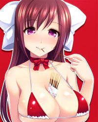 Rule 34 | 1girl, bare shoulders, between breasts, bikini, bikini top only, blush, body blush, bow, breasts, brown hair, choker, cleavage, collarbone, eating, food, hair bow, holding, large breasts, long hair, looking at viewer, mouth hold, open mouth, original, pocky, purple eyes, red background, red bikini, red hair, ribbon choker, shiny skin, simple background, skindentation, smile, solo, swimsuit, totokichi, underwear