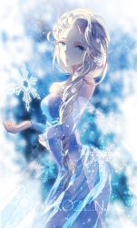Rule 34 | 1girl, bare shoulders, blonde hair, blue eyes, braid, copyright name, domotolain, dress, elsa (frozen), frozen (disney), hair over shoulder, highres, long hair, looking at viewer, papyrus (font), see-through, single braid, snowflakes, solo, strapless, strapless dress