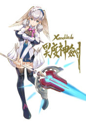 Rule 34 | 1girl, blue eyes, blush, braid, breasts, crown braid, energy weapon, full body, head wings, highres, holding, holding staff, juliet sleeves, long sleeves, looking at viewer, medium breasts, melia antiqua, nintendo, o-ring, puffy sleeves, silver hair, simple background, solo, staff, thighhighs, tugo, white background, wings, xenoblade chronicles, xenoblade chronicles: future connected, xenoblade chronicles (series), xenoblade chronicles 1