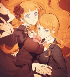 Rule 34 | 2girls, aluce, beatrice (umineko), black jacket, blue eyes, bow, breasts, closed mouth, collared shirt, dress, dual persona, floating hair, flower, hair flower, hair ornament, hand grab, hand on another&#039;s waist, holding hands, jacket, large breasts, long hair, long sleeves, looking at viewer, multiple girls, multiple views, necktie, open clothes, open jacket, orange hair, outstretched arm, outstretched hand, pink bow, pink necktie, puffy sleeves, serious, shirt, sidelocks, simple background, umineko no naku koro ni, upper body, white shirt