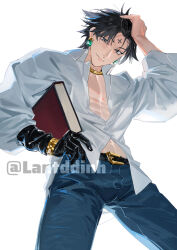 Rule 34 | 1boy, alternate costume, black eyes, black hair, book, chrollo lucilfer, cross tattoo, denim, earrings, facial mark, feet out of frame, forehead tattoo, formal, from below, holding, holding book, hunter x hunter, jeans, jewelry, lan dinh thi dieu, long sleeves, looking at viewer, male focus, midriff peek, pants, pectoral cleavage, pectorals, shirt, short hair, simple background, solo, white shirt