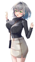 Rule 34 | 1girl, absurdres, aran sweater, bag, between breasts, blush, breasts, cable knit, casual, cowboy shot, from side, green eyes, grey hair, grey sweater, hair intakes, handbag, hands up, highres, hololive, kanpancake, large breasts, long sleeves, looking at viewer, medium hair, miniskirt, open mouth, pencil skirt, shirogane noel, simple background, skirt, smile, solo, strap between breasts, sweater, sweater tucked in, turtleneck, turtleneck sweater, virtual youtuber, white background