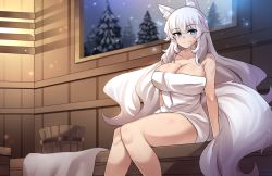 Rule 34 | 1girl, animal ears, arm support, blue eyes, blush, breasts, cleavage, closed mouth, collarbone, highres, hinghoi, indie virtual youtuber, indoors, large breasts, long hair, lumi (merryweather), naked towel, sauna, sidelocks, sitting, smile, snow, solo, tail, thighs, towel, tree, very long hair, virtual youtuber, white hair, window, wolf ears, wolf girl, wolf tail