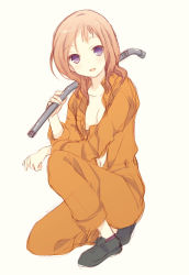 Rule 34 | 1girl, bad id, bad pixiv id, breasts, cleavage, jumpsuit, lead pipe, long hair, navel, open clothes, orange jumpsuit, over shoulder, purple eyes, red hair, saki (manga), sketch, smile, solo, takei hisa, tokumi yuiko