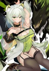 Rule 34 | 1girl, absurdres, animal ear fluff, animal ears, ankle boots, arknights, arm up, armpits, black footwear, black panties, black thighhighs, blush, boots, breasts, cat ears, cleavage, collar, detached sleeves, dress, garter straps, green dress, green eyes, grey hair, hand on own chest, high heel boots, high heels, highres, kal&#039;tsit (arknights), large breasts, layton (sanlayton), long hair, long sleeves, looking at viewer, mole, mole on breast, mon3tr (arknights), monster, panties, parted lips, short dress, sitting, solo, thighhighs, underwear