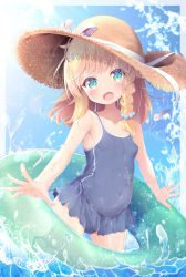 Rule 34 | 1girl, :d, aqua eyes, blonde hair, blush, braid, breasts, day, female focus, hat, innertube, looking at viewer, one-piece swimsuit, open mouth, original, outdoors, partially submerged, pirason, single braid, small breasts, smile, solo, straw hat, swim ring, swimsuit, water, wet
