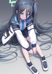Rule 34 | 1girl, aris (blue archive), black hair, black skirt, blue archive, blue eyes, blue necktie, closed mouth, deadnooodles, gradient background, grey background, hair between eyes, halo, highres, jacket, legs, long hair, long sleeves, necktie, open clothes, open jacket, shoes, sitting, skirt, socks, solo, very long hair, white footwear, white jacket