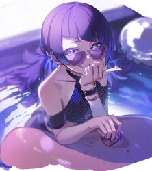 Rule 34 | 1girl, bikini, blurry, blurry background, collarbone, controlline3, diagonal bangs, earrings, grin, highres, idolmaster, idolmaster shiny colors, in water, jewelry, leaning on object, looking at viewer, messy hair, pool, purple-tinted eyewear, purple eyes, purple hair, smile, solo, sunglasses, swimsuit, tanaka mamimi, tinted eyewear, twintails, wristband
