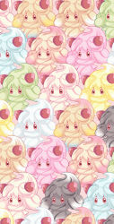 Rule 34 | absurdres, alcremie, alcremie (caramel swirl), alcremie (lemon cream), alcremie (matcha cream), alcremie (mint cream), alcremie (rainbow swirl), alcremie (ruby cream), alcremie (ruby swirl), alcremie (salted cream), alcremie (strawberry sweet), alcremie (vanilla cream), alternate color, brown background, closed mouth, commentary request, creatures (company), food, fruit, game freak, gen 8 pokemon, heart, heart-shaped pupils, highres, looking at viewer, nintendo, no humans, pikomarie, pokemon, pokemon (creature), red eyes, simple background, strawberry, symbol-shaped pupils, too many
