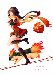 Rule 34 | 1girl, absurdres, artist name, bad id, bad pixiv id, black footwear, black hair, black socks, boots, character name, creatures (company), darumaka, detached sleeves, english text, fiery tail, game freak, gen 2 pokemon, gen 5 pokemon, hair ornament, highres, holding, holding poke ball, kneehighs, long hair, looking at viewer, mio (mio84214), nintendo, original, poke ball, pokemon, pokemon (creature), pouch, quilava, red skirt, scarf, skirt, socks, standing, standing on one leg, tail, white background, x hair ornament, yellow scarf