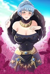 Rule 34 | 1girl, alternate costume, bare shoulders, black dress, blue hair, blue sky, braid, breasts, brown eyes, choker, cleavage, commentary, cowboy shot, crown braid, day, dress, fire emblem, fire emblem: three houses, highres, ihsnet, jewelry, long sleeves, marianne von edmund, medium breasts, necklace, nintendo, off-shoulder dress, off shoulder, outdoors, short hair, sky, solo, standing
