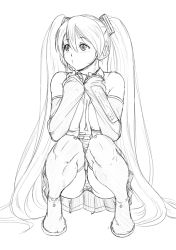 Rule 34 | 1girl, boots, detached sleeves, doku sasori, full body, greyscale, hatsune miku, headset, long hair, monochrome, necktie, panties, pantyshot, sketch, skirt, solo, squatting, striped clothes, striped panties, thigh boots, thighhighs, twintails, underwear, very long hair, vocaloid