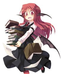 Rule 34 | 1girl, bat wings, black dress, book, book stack, carrying, dress, falling, flying paper, flying sweatdrops, head wings, holding, holding book, juliet sleeves, koakuma, long hair, long sleeves, necktie, open mouth, paper, puffy sleeves, red eyes, red hair, satou kibi, shirt, simple background, solo, touhou, very long hair, white background, wide-eyed, wings