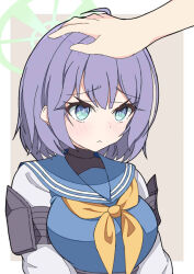 Rule 34 | 1girl, :&lt;, ahoge, armor, blue archive, blue eyes, blue sailor collar, blush, border, breasts, brown background, closed mouth, green halo, halo, headpat, neckerchief, out of frame, outside border, purple hair, sailor collar, saki (blue archive), short hair, shoulder armor, sumidon, underbust, upper body, white border, yellow neckerchief