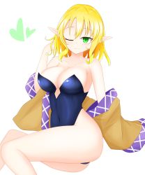 Rule 34 | 1girl, black leotard, blonde hair, breasts, brown jacket, cleavage, unworn clothes, green eyes, heart, highres, jacket, leotard, medium breasts, mizuhashi parsee, multicolored clothes, multicolored jacket, navel, one eye closed, pointy ears, short hair, shunki, simple background, thick thighs, thighs, touhou, white background