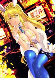 Rule 34 | 1girl, animal ears, artoria pendragon (all), artoria pendragon (fate), artoria pendragon (swimsuit ruler) (fate), bare shoulders, blue necktie, blue pantyhose, braid, breasts, cleavage, clothing cutout, detached collar, fake animal ears, fate/grand order, fate (series), feather boa, fishnet pantyhose, fishnets, french braid, hair between eyes, large breasts, leotard, long hair, looking at viewer, murio, navel, navel cutout, necktie, pantyhose, parted lips, playboy bunny, ponytail, rabbit ears, sitting, slot machine, solo, thigh strap, thighs, tiara, white leotard, wrist cuffs