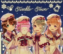 4girls :&gt; :d ;d alternate_costume bell beret blue_background blue_eyes blunt_bangs bob_cut braid breasts brown_hair capelet closed_eyes closed_mouth commentary_request covering_face dress emma_verde frilled_capelet frills hand_on_another&#039;s_shoulder hat highres holding holding_sketchbook inverted_bob jingle_bell kishimen_hair konoe_kanata kyaku_tasu light_brown_hair long_hair long_sleeves looking_at_another looking_at_viewer love_live! love_live!_nijigasaki_high_school_idol_club low_twin_braids medium_breasts mistletoe multiple_girls nakasu_kasumi one_eye_closed open_mouth partial_commentary pink_eyes pink_hair purple_eyes qu4rtz_(love_live!) rina-chan_board sketchbook sleeves_past_fingers sleeves_past_wrists smile snowflakes split_mouth tennoji_rina twin_braids twinkle_town u_u white_capelet white_dress white_hat